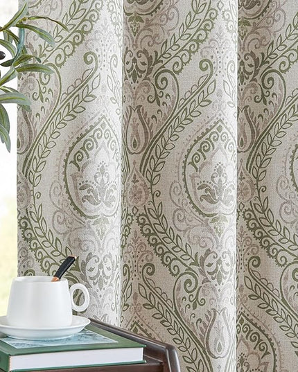 jinchan Sage Green Curtains for Living Room Darkening 84 Inch Length, Linen Textured Medallion Drapes for Bedroom, Damask Pattern Window Treatments Vintage Curtain Panels, 2 Panels Green