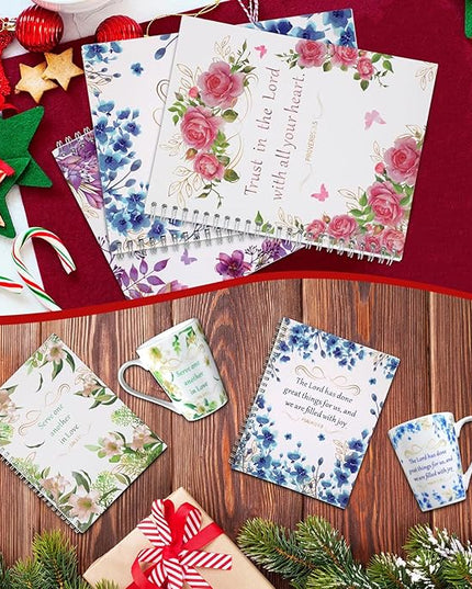 Eaasty 8 Pcs Christian Gifts 4 Ceramic Coffee/tea Mug Set for Women Floral Bible Verse Mug Set 4 Inspirational Religious Writing Notebook Journal with Scripture Religious Spiral Journal for Xmas