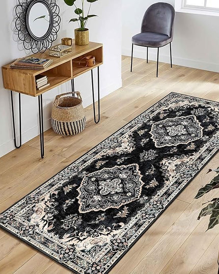 MUJOO Black Runner Rug 2'x6', Long Washable Rug Runners for Hallways Entryway Kitchen Bathroom Bedside,Boho Vintage Bohemian Distressed Farmhouse Non Slip Carpet,Floral