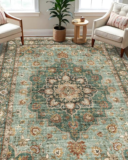 Washable Oriental Area Rug - 7x9 Rugs for Living Room Soft Carpet for Bedroom Waterproof Floral Distressed Indoor Stain Resistant Non-Shedding Floor Carpets (Green, 7x9)