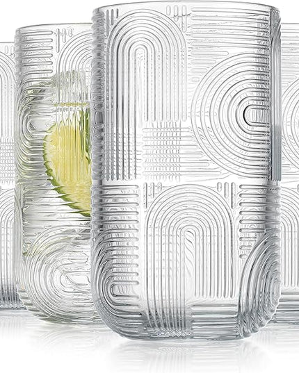 Glaver's Drinking Glasses, Highball Glasses, 17 Ounce Thick Embossed Designed, Set of 4 Clear Kitchen Glassware For Everyday Elegant Serving Coolers, Urban Pattern Modern Drinking Glasses