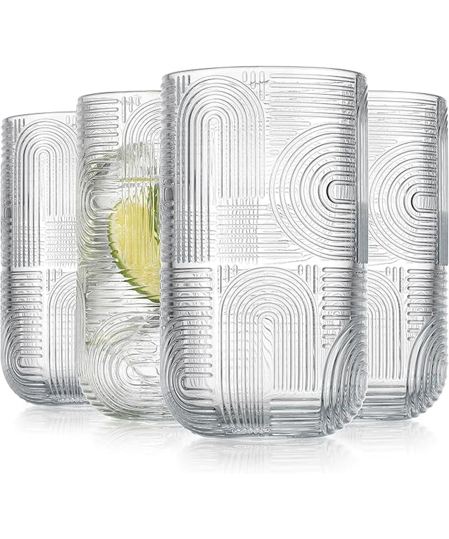 Glaver's Drinking Glasses, Highball Glasses, 17 Ounce Thick Embossed Designed, Set of 4 Clear Kitchen Glassware For Everyday Elegant Serving Coolers, Urban Pattern Modern Drinking Glasses