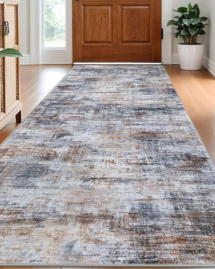 IOHOUZE Abstract Runner Rug 3x8 Ft Washable Runners for Hallways, Non Slip Kitchen Runner Printed Faux Wool Entryway Runner Indoor, Modern Abstract Floor Carpet for Hall Bedroom, Orange Grey