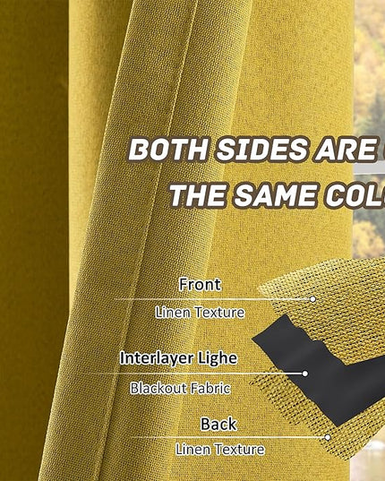 100% Blackout Linen Textured Curtains 108 Inch Length 2 Panels Set for Living Room, Bedroom, Light Weight Curtains with Grommets Top, Full Blackout Curtains Privacy Protection, Gold, 52" W x 108" L