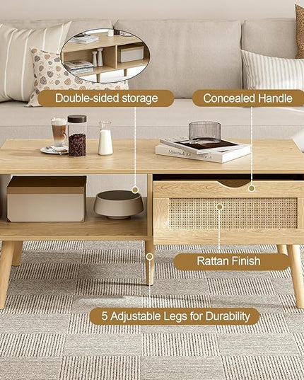 Coffee Table with Storage, Boho Dining Table with Rattan Drawer and Solid Wood Legs, Small Coffee Tables for Living Room, Oak