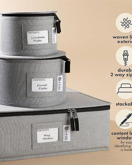 Hard Shell China Storage Containers 5-Piece Set Moving Boxes for Dinnerware, Glasses, Plates, Mugs and Saucers Sturdy Dish Organizer with Dividers for Seasonal Storage - Service for 12 - Gray