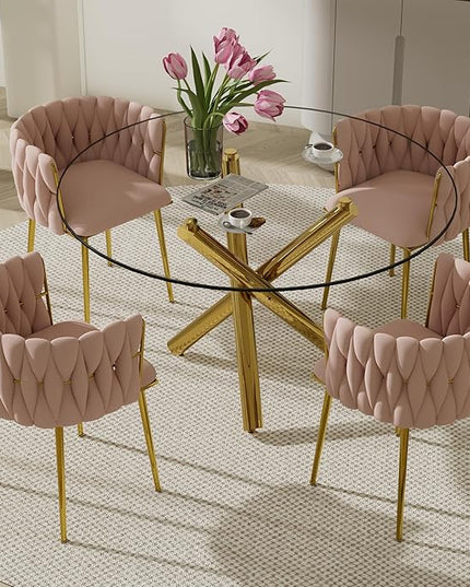 5 Piece Modern Gold Round Glass Dining Table Set, 47'' Clear Circle Glass Top Kitchen Set, 4 Person Luxury Minimalist Circular Dinner Set with Pink Woven Chairs, for Large Apartment Bedroom