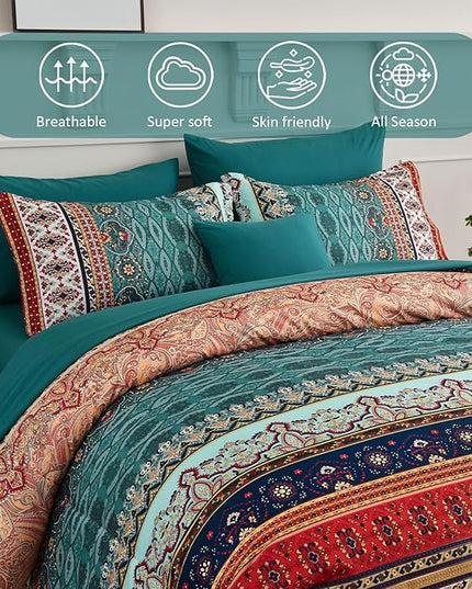 Boho Comforter Set California King Size 8 Pieces,Green and Brown Bohemian Striped Bed in a Bag,Floral Soft Microfiber Bedding Comforter Set for All Seasons