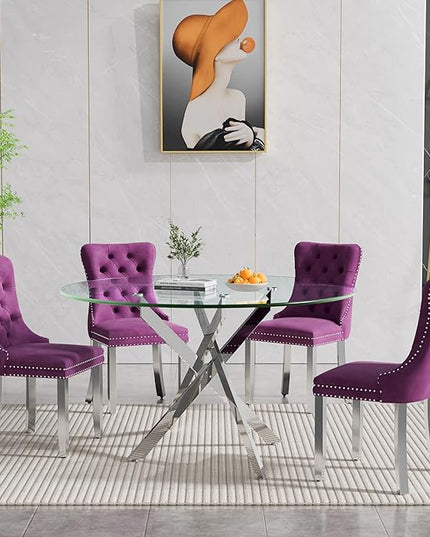 Round Glass Dining Table Set for 4, 47'' Clear Circular Kitchen Table and Chairs Set, 5PCS Modern Circle Dining Room Table Set with 4 Velvet Dining Chair for Home
