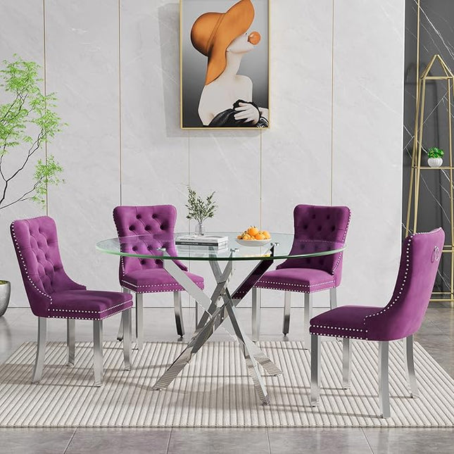 Round Glass Dining Table Set for 4, 47'' Clear Circular Kitchen Table and Chairs Set, 5PCS Modern Circle Dining Room Table Set with 4 Velvet Dining Chair for Home
