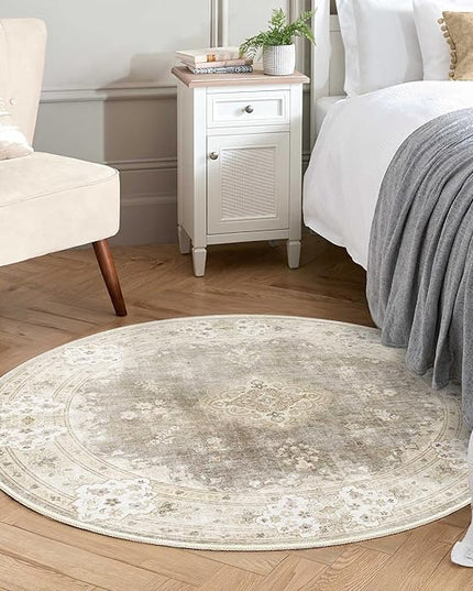 MUJOO Beige Round Rug 4ft,Circle Washable Area Rugs for Bedroom Living Room Bathroom,Vintage Bohemian Distressed Farmhouse Non Slip Circular Carpet,Floral