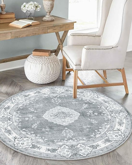 MUJOO Grey Round Rug 4ft,Circle Washable Area Rugs for Bedroom Living Room Bathroom,Vintage Bohemian Distressed Farmhouse Non Slip Circular Carpet,Floral