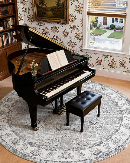 jinchan Fiora Round Rug 8ft Area Rugs - Vintage Floral Distressed Design Machine Washable Non-Slip Low-Pile Ultra-Thin Circle Rug for Living Room Dining Room Bedroom Farmhouse (8' Round, Grey)