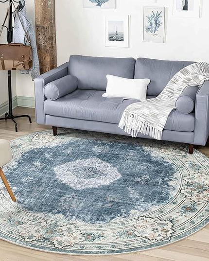 MUJOO Blue Round Rug 6ft,Circle Washable Area Rugs for Bedroom Living Room Bathroom,Boho Large Non Slip Circular Carpet,Floral