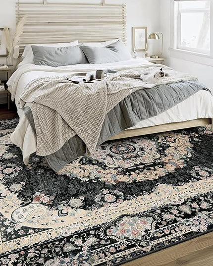 Casrage 6x9 Area Rugs Washable,Black Rug for Living Room Bedroom Kitchen,Large Boho Vintage Bohemian Distressed Carpet Non Slip,Floral