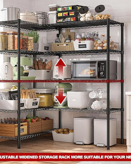 REIBII 5 Tier Wire Shelving Storage Shelves Loads 1430LBS, 58" W Metal Shelving for Storage Adjustable Shelving Unit Heavy Duty Garage Shelves Pantry Shelves Kitchen, Black