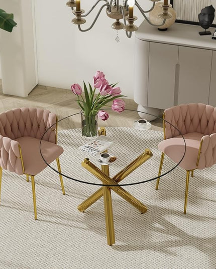 3 Pieces Gold Luxury Round Dining Table Set, Modern Minimalist Circle Dinner Room Set, 36'' Clear Circular Glass Top Kitchen Table with Pink Woven Chairs Set of 2, for Bedroom Small Apartment