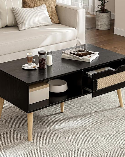 Wood Coffee Table with Storage, Boho Dining Table with Sliding Rattan Door Panel and Solid Wood Legs, Small Coffee Tables for Living Room, Black