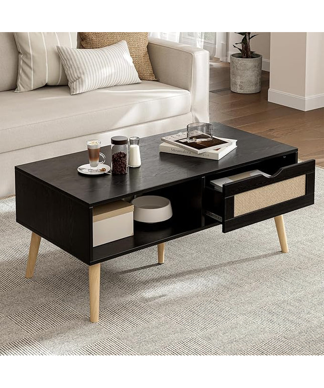 Wood Coffee Table with Storage, Boho Dining Table with Sliding Rattan Door Panel and Solid Wood Legs, Small Coffee Tables for Living Room, Black