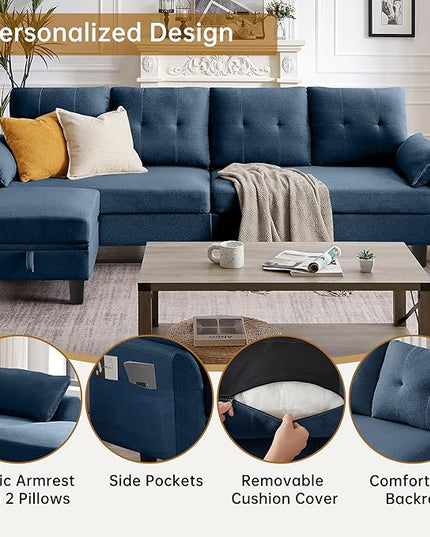 Convertible Sectional Sofa,Modern 4-Seat L Shaped Couch with Storage Ottoman,Linen Fabric Sofa Set for Living Room, Blue