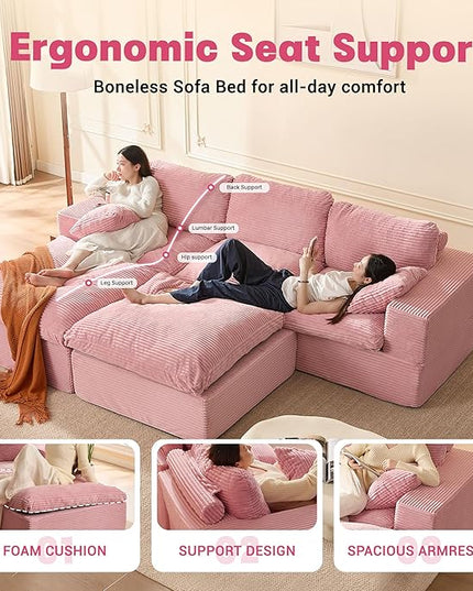 106.3” Sectional Couches for Living Room, Cloud Couch, Modular Sectional Sofa, Convertible Sofas Bed, Deep Seat Sofa, U Shaped Cozy Sofa Furniture Set, Corduroy, Pink