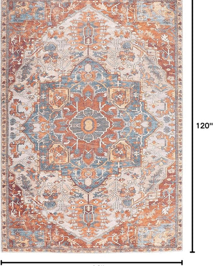 GLN Rugs Traditional Collection - Machine Washable Area Rug, Traditional Washable, Non Slip, Low Pile Chenille Rug, Living Room, Bedroom, Kitchen Rug (7'10"x10' Cream/Terra)
