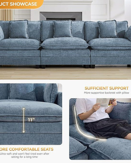 111'' Sectional Cloud Deep Seat Couch, Modern Comfy Chenille Modular Sectional Sofa for Living Room Set, Upholstered Modular 3-Seats Sofa Couch, Blue