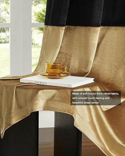 BULBUL Black Gold Color Block Window Curtains Panels 72 inches Long Velvet Farmhouse Drapes for Bedroom Living Room Darkening Treatment with Grommet Set of Black Gold