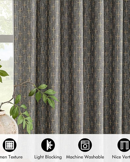 MIULEE Decorative Back Tab Linen Curtains with Geometric Pattern for Living Room Bedroom Farmhouse Rustic Thick Woven Textured Patterned Mudcloth Drapes 63 Inch Length 2 Panels Set, Dark Grey