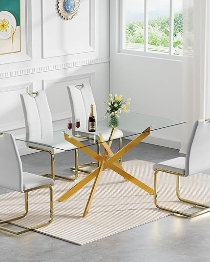 HomVent 5 Piece Rectangular Glass Dining Table Set, Rectangular Glass Kitchen Table Set for 4 with 4 PU Upholstered Dining Chairs for Kitchen Dining Room