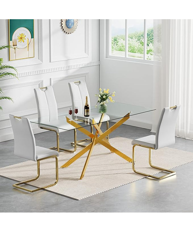 HomVent 5 Piece Rectangular Glass Dining Table Set, Rectangular Glass Kitchen Table Set for 4 with 4 PU Upholstered Dining Chairs for Kitchen Dining Room