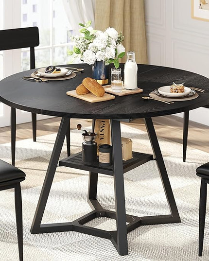 Round Dining Table for 4, Kitchen Tables Dining Room Circle Dinner Table with Pedestal Metal Frame, Space Saving Wood Industrial Kitchen & Dining Room Tables, Black 47In