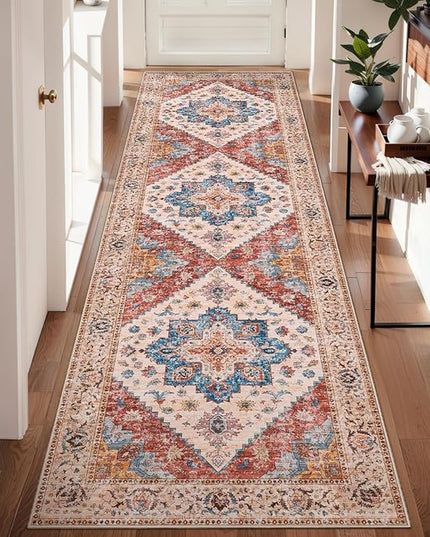 Ciicool Washable Vintage Runner Rug - 2'6" x 10' ft Hallway Carpet, Boho Low Pile Long Non Slip Soft Stair Runner Kitchen Carpet Indoor Oriental Throw for Living Room Bathroom Entry