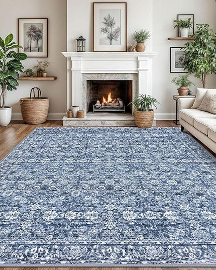 9x12 Area Rug, Blue Vintage Floral Large Washable Rug for Living Room Non-Slip Ultra Soft Bedroom Rugs Tribal Traditional Farmhouse Carpet for Dining Room Office Home Décor