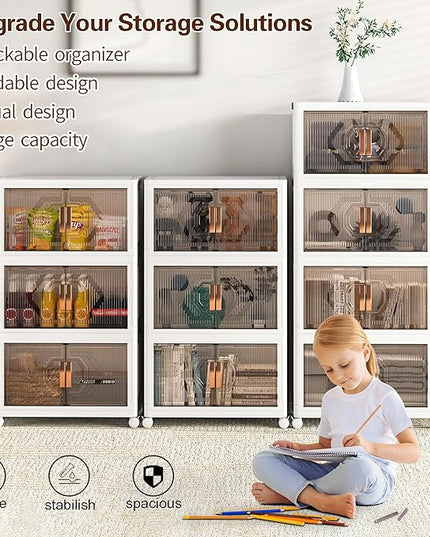 VECELO 19 Gal Stackable Storage Bins with Lid, 3 Pack Plastic Collapsible Storage Cabinet, Foldable Folding Box Organizer/Storage Container Cart with Wheel and Double Door for Home Office, White