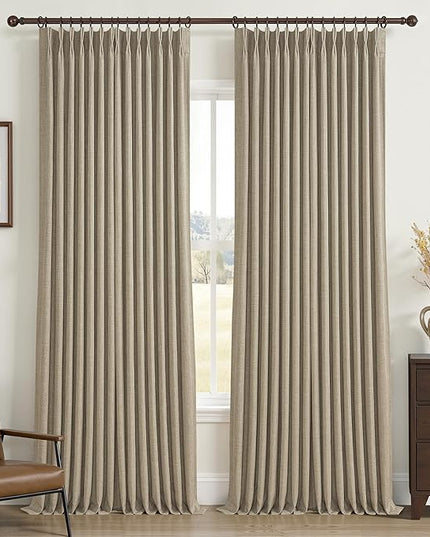 Oak Taupe Extra Long 108 Inch High Ceiling Curtains for Living Room 2 Panel Set, Memory Trained Pinch Pleated Blackout Double Layer Linen Soundproof Heat Block Boho Privacy Windows Curtain 9 FT Length