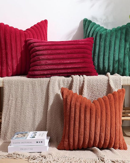 decorUhome Faux Fur Spring Throw Pillow Covers 16x16 Set of 2, Decorative Soft Plush Striped Neutral Couch Euro Pillow Covers with Velvet Back for Sofa, Bed, Living Room Home Decor, Burgundy