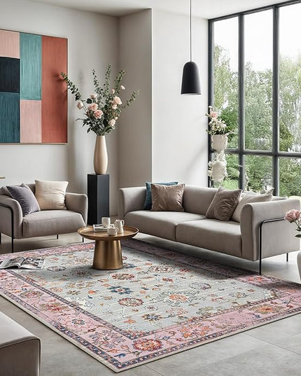 GLN Rugs Traditional Collection - Machine Washable Area Rug, Traditional Washable, Non Slip, Low Pile Chenille Rug, Living Room, Bedroom, Kitchen Rug (6'6"x9'6" Pink and Gray)