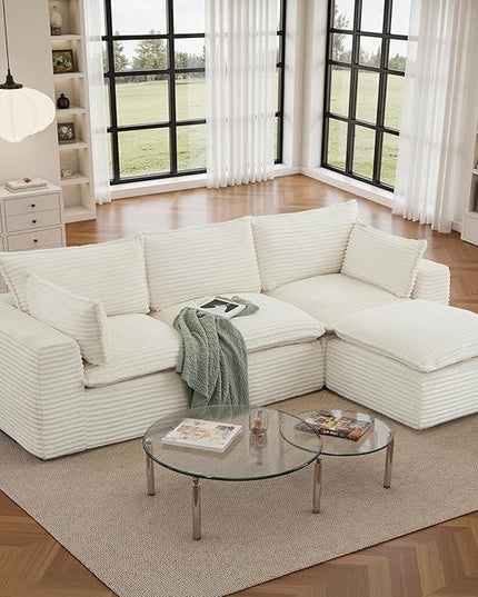 108" Sectional Couches for Living Room Boneless Couch Upholstered Cloud Couch Sectional Modular Sectional Sofa with L Shaped (Corduroy-White, 3 Seat+1 Ottoman)