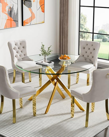 Round Glass Dining Table Set for 4, 47'' Clear Circular Kitchen Table and Chairs Set, 5PCS Modern Circle Dining Room Table Set with 4 Velvet Dining Chair for Home