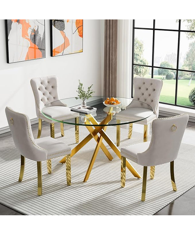 Round Glass Dining Table Set for 4, 47'' Clear Circular Kitchen Table and Chairs Set, 5PCS Modern Circle Dining Room Table Set with 4 Velvet Dining Chair for Home