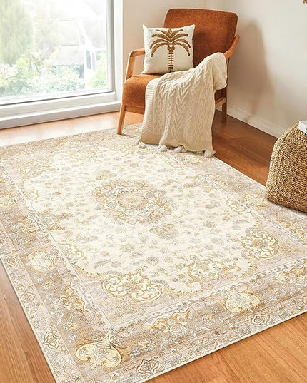 Boho Rug 4'x6.5',Washable Area Rugs for Bedroom Living Room Kitchen Entryway Bedside,Small Vintage Bohemian Distressed Non Slip Carpet,Beige Gold Floral