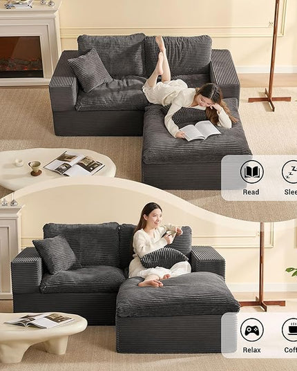 74.8” Cloud Couch, Modular Loveseat Sofa, Convertible Sofas Bed, Deep Seat Sofa, Cozy Sofa for Living Room, Office and Bedroom, L Shaped Cozy Sofa Furniture Set, Corduroy, Gray