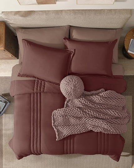 Monbix King Size Comforter Set - 7 Pieces Bed in a Bag King, Dark Red Bedding Sets with Comforter, All Seasons Down Alternative Comforter Bed Set with Sheets, Pillowcases & Shams