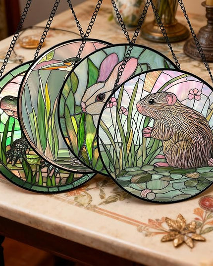 Stained Glass Window Hanging 4 Pcs Set Cute Animal Large 11.8"- Green Plant Pink Suncatcher Door Garden Sun Catcher Decor Birthday Christmas for Mom Woman Nana Men Friend
