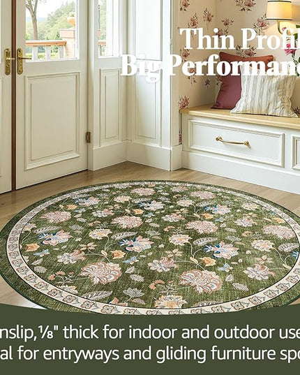 jinchan Elora 5ft Floral Round Rug for Entryway Washable Rug Vintage Romance Christmas Design Non Slip Indoor Doormat Lightweight Low-Profile Throw Carpet for Living Room Dining Room Bedroom, Green