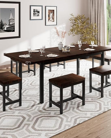 iPormis 7-Piece Dining Table Set with 6 Stools, 63" Extendable Kitchen Table Set for 4-8, Modern Dining Room Table with Sturdy Metal Frame, Space-Saving Dinette, Espresso
