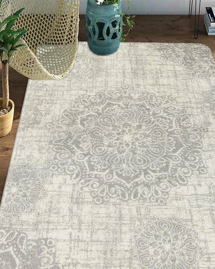 Lahome Vintage Medallion Area Rug - 3x5 Washable Entryway Rug Non Slip Distressed Carpet for Living Room Soft Grey, Throw Floor Carpet for Door Mat Entrance Bedrooms Office