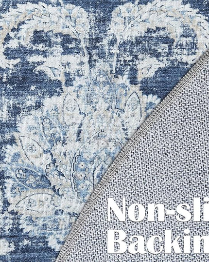 jinchan Fiora Round Rug 5ft Area Rugs Vintage Floral Distressed Design - Machine Washable Non-Slip Low-Pile Ultra-Thin Circle Rug for Entryway Bedside Living Room Bedroom (5' Round, Dark Blue)