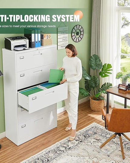 Letaya Lateral 5 Drawer File Cabinet with Lock,Metal Wide White Filing Cabinets for Home Office Storage A4/F4/Letter/Legal(Assembly Required)